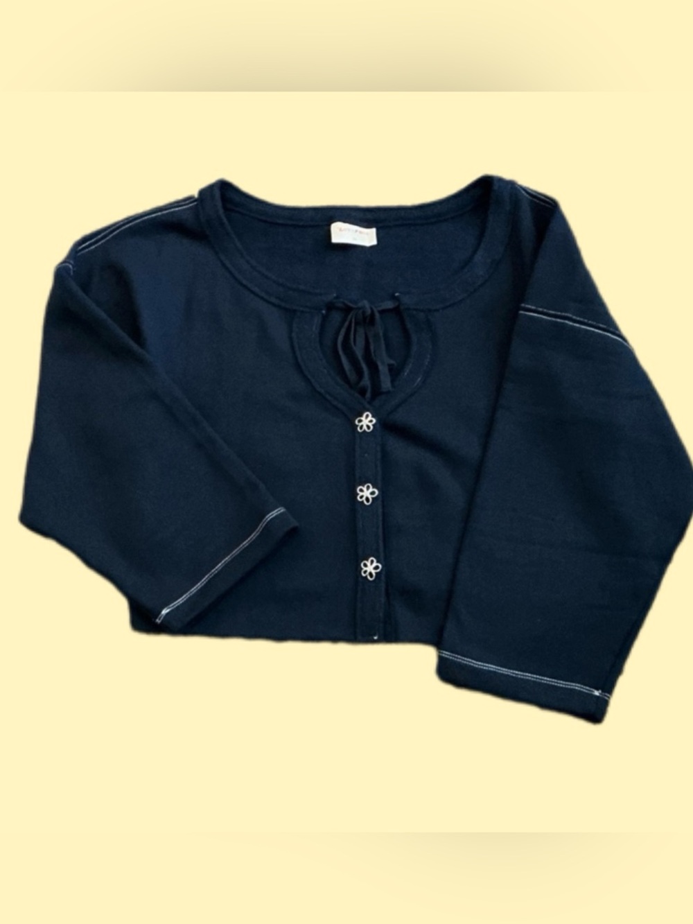 Women’s Cropped Navy Cardigan Sweatshirt Heart Cut-Out, Floral Buttons, 2X Size